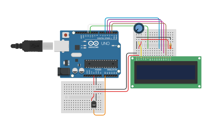 Circuit design TMP36 Temperature Display using 1602 LCD - Tinkercad