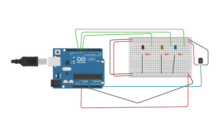 Circuit design Sensor de temperatura TMP36 con leds - Tinkercad