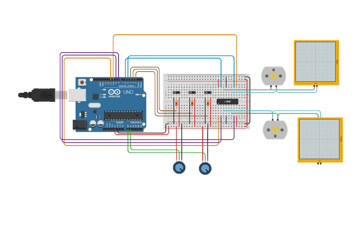 Circuit design 2 DC motors / PWM / H Bridge / FWD REV - Tinkercad