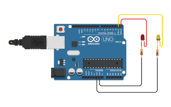 Circuit design Copy of Two Toggling LEDs - Tinkercad