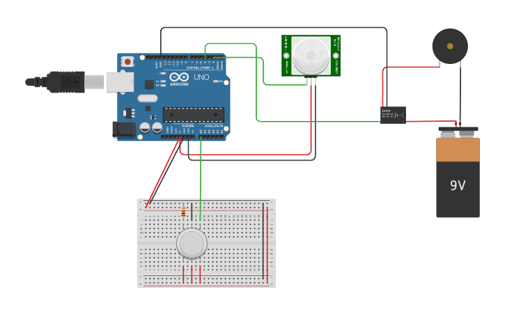 Circuit design Gas Sensor and PIR Sensor with Relay - Tinkercad