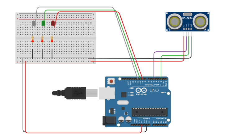 Circuit design Sensor ultrasonido con leds | Tinkercad