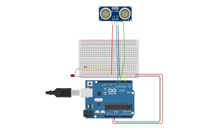 Circuit design Ultrasonic Sensor and Led Lights - Tinkercad