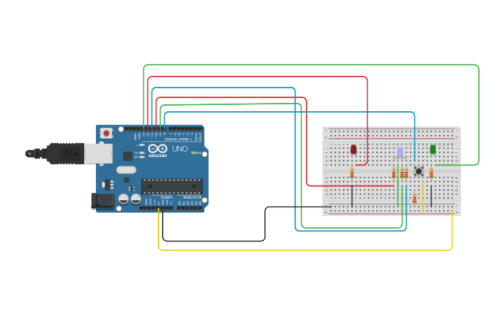 Circuit design Led RGB + Botón + 2Led | Tinkercad