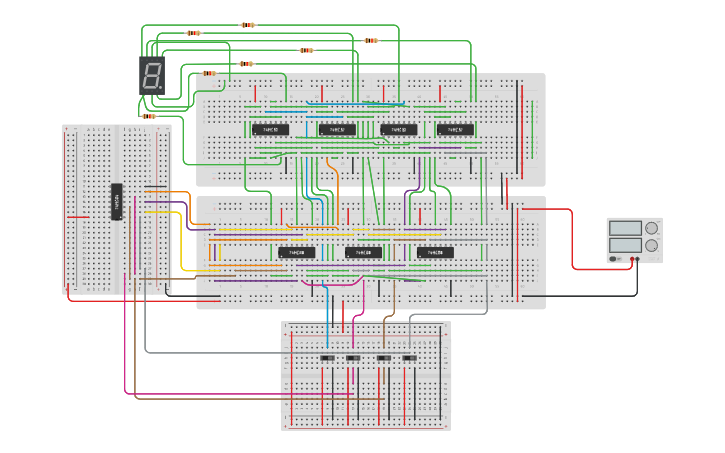 Circuit design 7 segment decoder using basic logic gates - Tinkercad