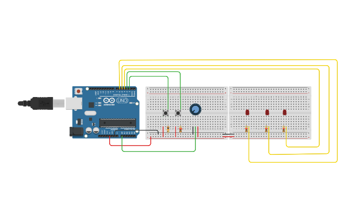 Circuit design Control 3 LEDs with 2 button and a potentiometer | Tinkercad