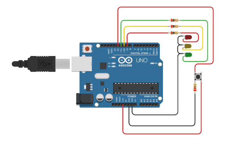 Circuit design Pedestrian push button traffic light system - Tinkercad