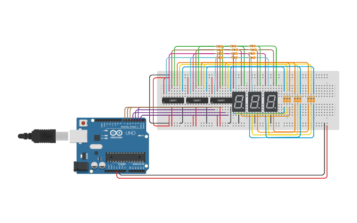Circuit design 3 digit - 7 Segment display with latch - Tinkercad