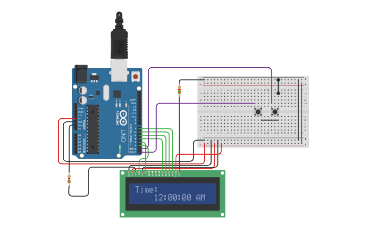 Circuit design Arduino Clock Without RTC Real Time Clock Module on LCD ...