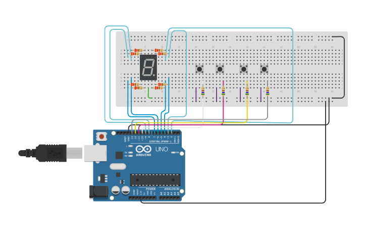 Circuit design 7 segmentos con pulsadores - Tinkercad