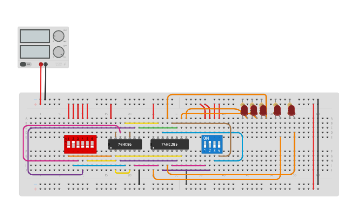 Circuit design 4 bit binary adder/subtractor - Tinkercad
