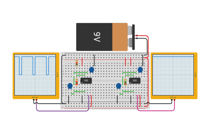 Circuit design Astable Multivibrator using IC 555 - Tinkercad