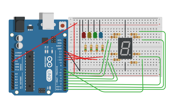 Circuit design Counter 03CC: 0..F CA (4LEDs + 7SEG) SuS - Tinkercad