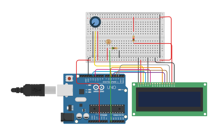 Circuit design LDR brightness with LCD | Tinkercad