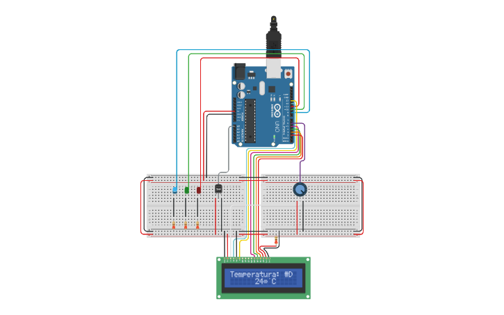 Circuit design CIRCUITO TEMPERATURA ARDUINO-LCD-LED - Tinkercad