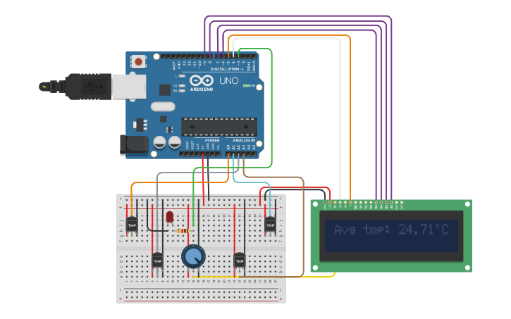 Circuit design Датчики температуры и экран - Tinkercad