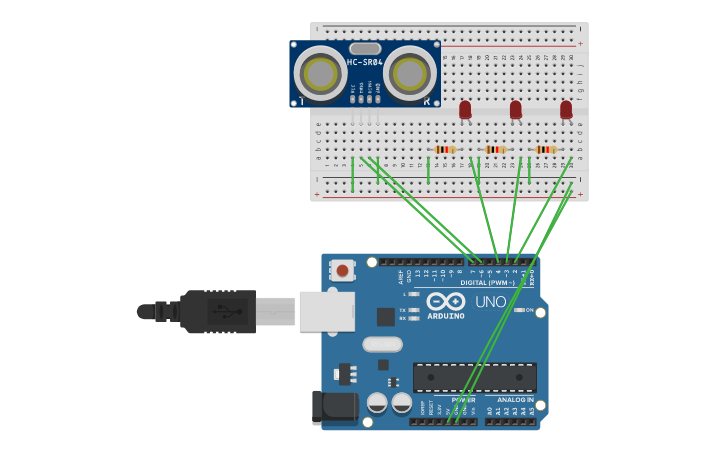Circuit design ultrasonic sensor, arduino - Tinkercad