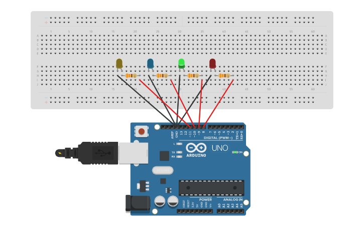 Circuit design Arduino LED Binary Counter - Tinkercad
