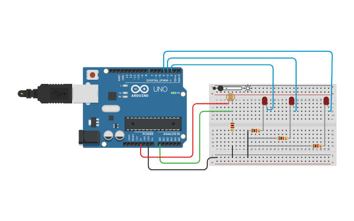 Circuit design Control de 3 led con sensor LDR en arduino - Tinkercad