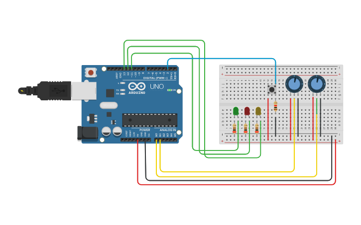 Circuit design Arduino-Potentiometer with led and button - Tinkercad