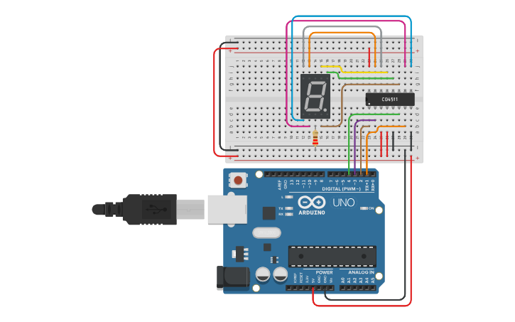 Circuit design Display 7 segmentos con decodificador BCD - Tinkercad