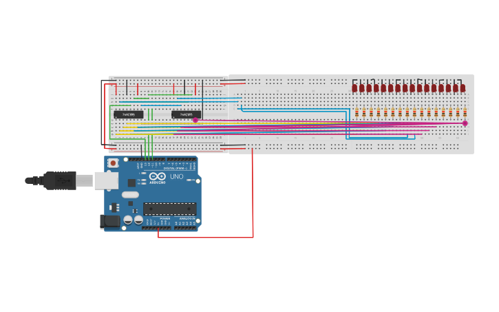 Circuit design more outputs using 74HC595 - Tinkercad
