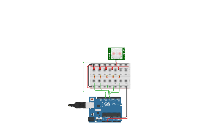 Circuit design Glowing of 5 LED using PIR motion sensor. - Tinkercad