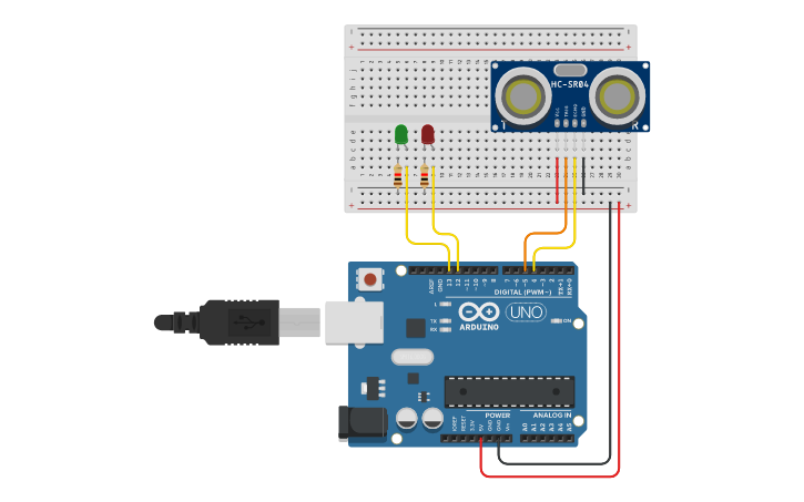 Circuit design ULTRASONIC SENSOR WITH 2 LED - Tinkercad