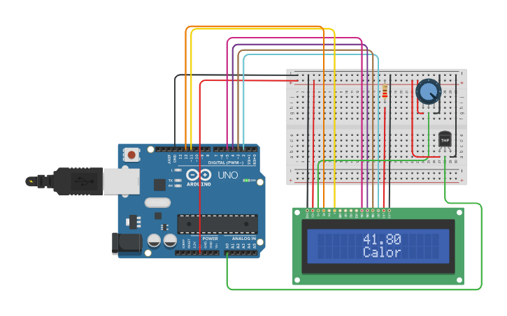 Circuit design LCD com Sensor de Temperatura - Tinkercad