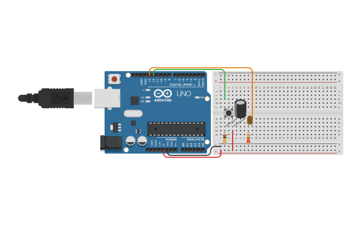 Circuit design Botão e LED: Debouncing com capacitor - Tinkercad