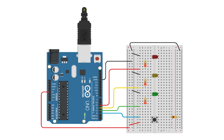 Circuit design Traffic Light with Pedestrian Button - Tinkercad