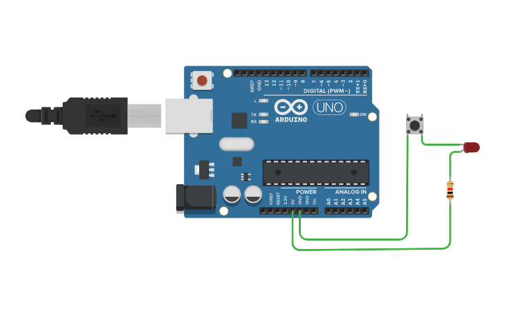 Circuit design мигание светодиода с кнопкой - Tinkercad