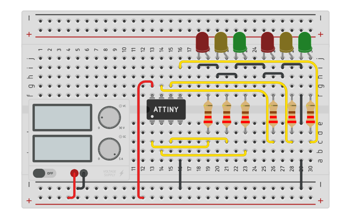 Circuit design Traffic Light controlled by ATTiny - Tinkercad