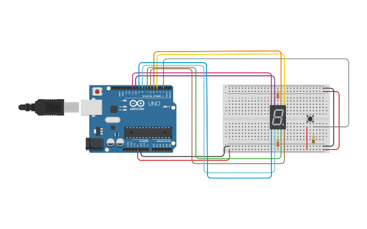 Circuit design PUSH BUTTON COUNTER 7 SEGMENT - Tinkercad