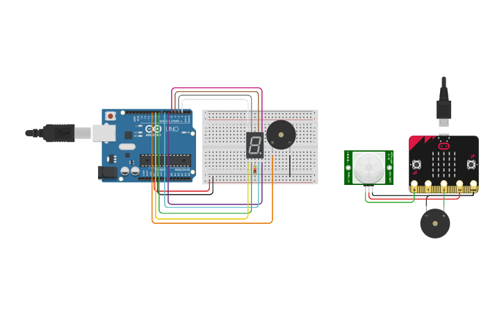 Circuit design Arduino 9 to 1 with Buzzer - Tinkercad
