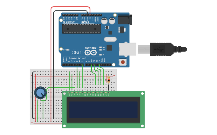 Circuit design LCD 16x2 with potentionmeter - Tinkercad