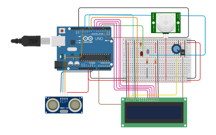 Circuit design Monitoring air kolam (Suhu, Kedalaman, Gerakan)) - Tinkercad