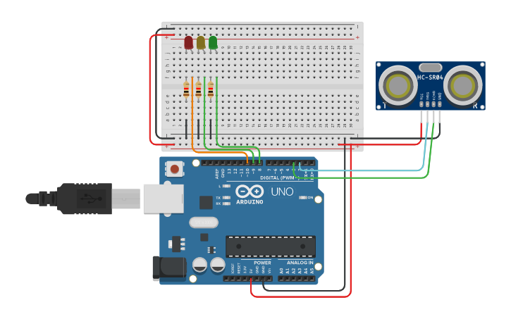 Circuit design diseño con sensor de ultrasonidos y 3 leds - Tinkercad