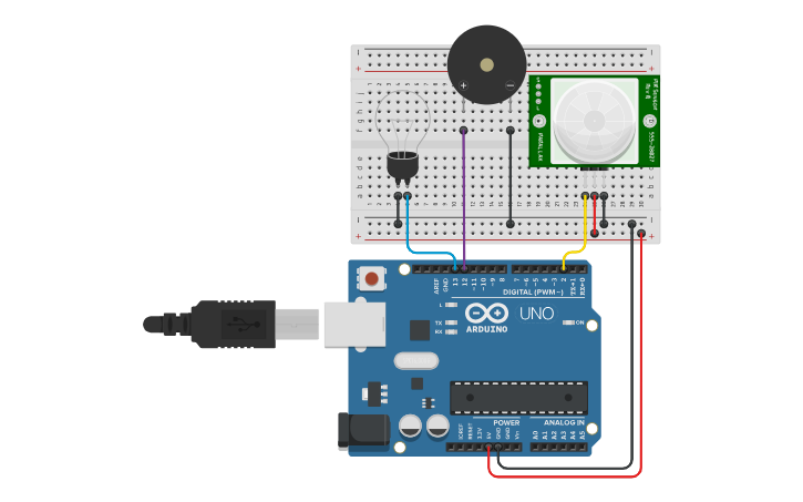 Circuit design Copy of Sensor PIR con sonido de piezo | Tinkercad