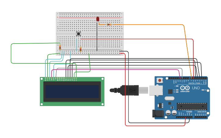 Circuit design Lighting LED using push button and lcd | Tinkercad