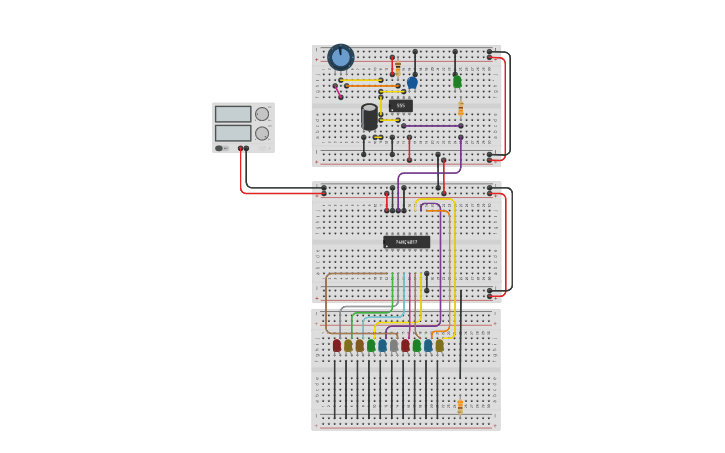 Circuit design CD4017+NE555 LED Chaser - Tinkercad