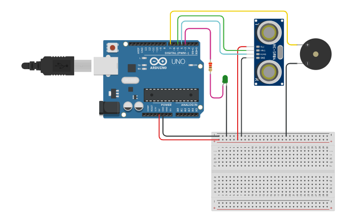 Circuit design Sensor ultrasónico activa led y buzzer - Tinkercad