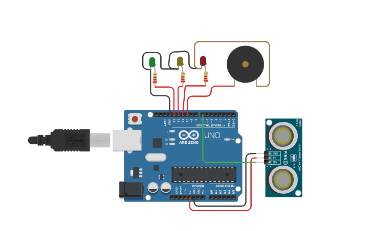 Circuit design Car Parking system with Ultrasonic Sensor - Tinkercad
