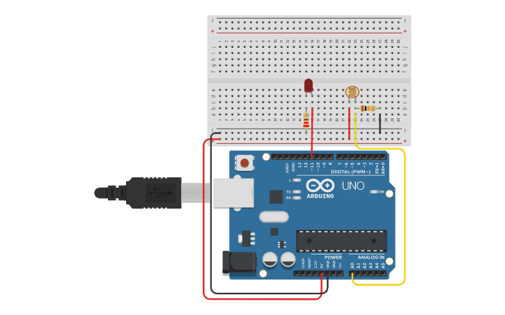 Circuit design FOTORESISTENCIA + LED (-- LUZ enciende el LED) | Tinkercad