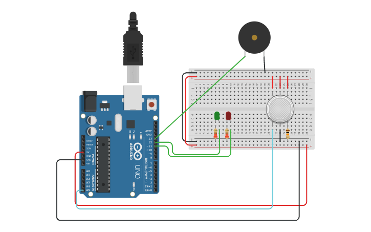 Circuit design Smoke Detection using Gas Sensor - Tinkercad