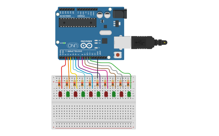 Circuit design Scrolling LEDS Using Arduino UNO - Tinkercad