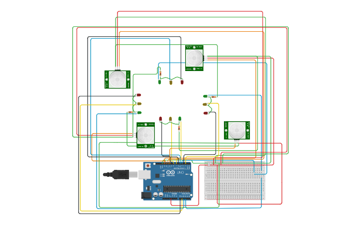 Circuit design Four Way Junction Traffic Light with Sensor - Tinkercad