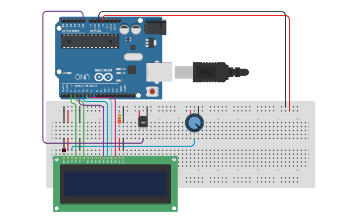 Circuit design Arduino Sensor TMP36 LCD16x2 - Tinkercad