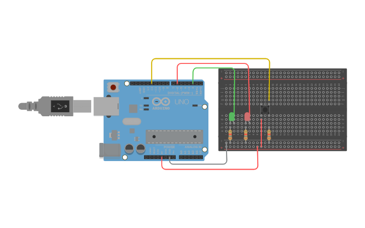 Circuit design Copy of Circuito #10 - Pulsador y dos LED | Tinkercad