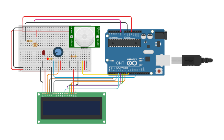 Motion Detector Using Arduino Pir Sensor And Lcd Home Security Tinkercad